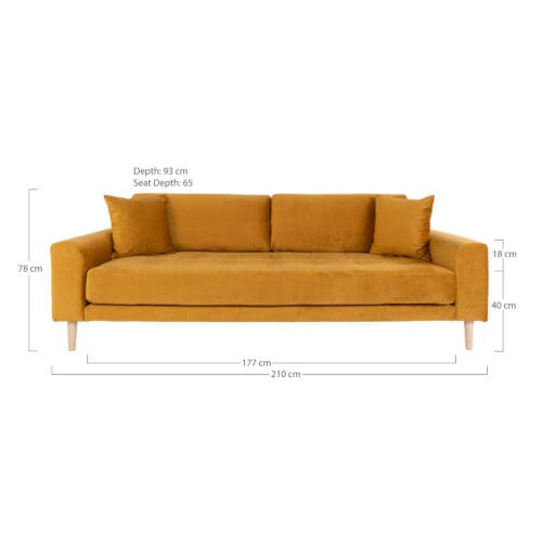 Sennepsgul velour sofa L210