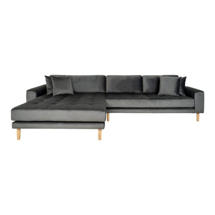 Chaiselong sofa i mørkegrå velour vestrevendt