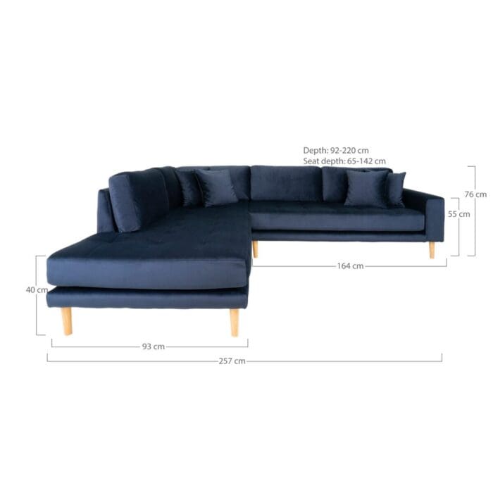 Blå velour hjørne sofa L257 – Venstrevendt