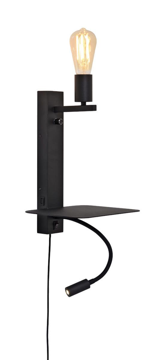 Væglampe Florence Shelf+USB+Læser lys sort